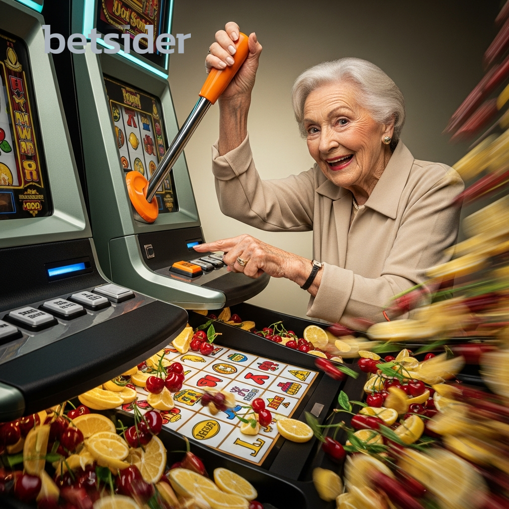 Eine Person jubelt vor einem Spielautomaten